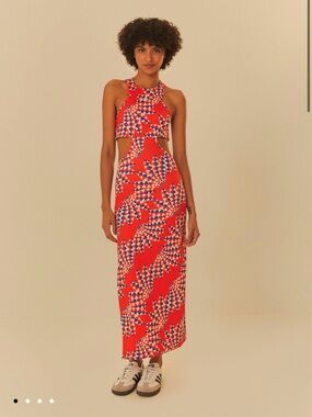 NWT adidas FarmRIO Red Geometric Cutout Maxi Dress slit Fun athletic preppy